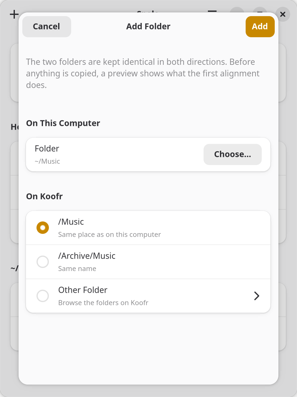 Adding a folder: Music on this computer, /Music and /Archive/Music suggested on Koofr, or another folder