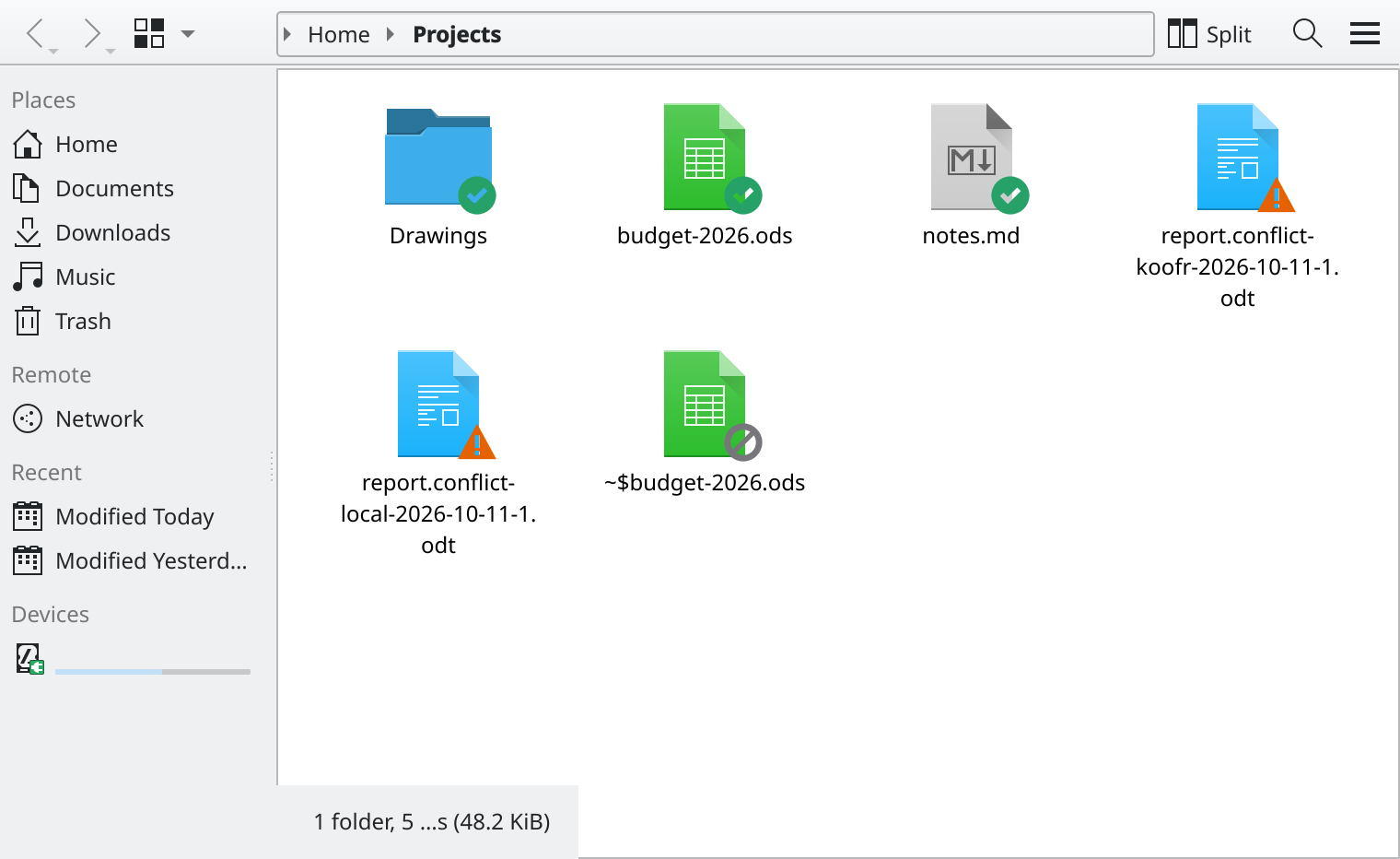 Dolphin inside Projects: synced files, a lock file left out, the two copies of a conflict
